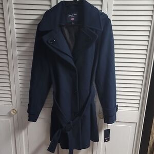 London Fog Women's Dark Blue Trench Wool Coat With HOODED